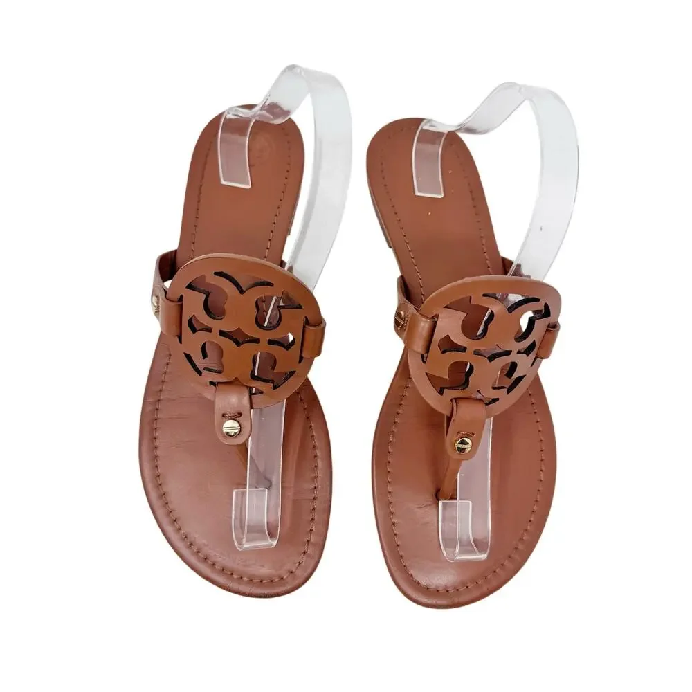 Tory Burch Miller Sandals Brown Leather Logo Thong Flat Size 10